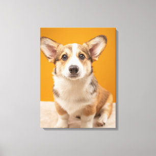 Cutest Baby Animals   Corgi Portrait on Orange Canvas Print