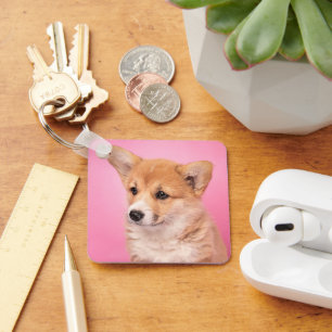 Cutest Baby Animals Corgi Puppy on Pink Keychain