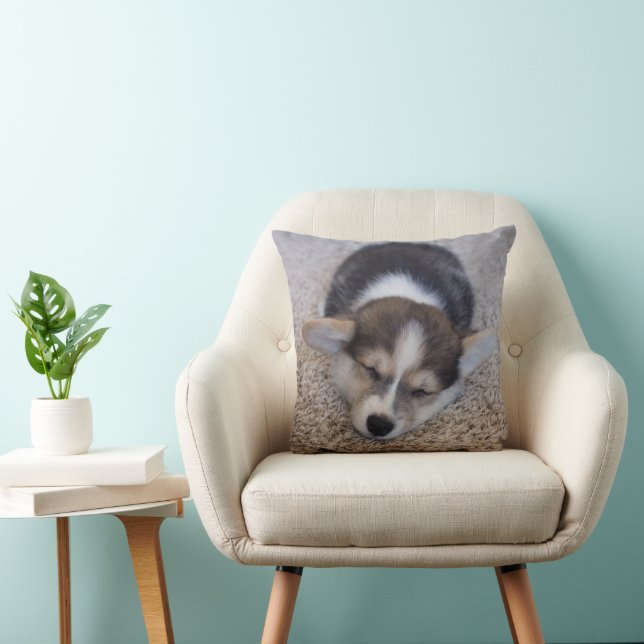 Cutest Baby Animals | Corgi Puppy on Shag Rug Throw Pillow (Chair)
