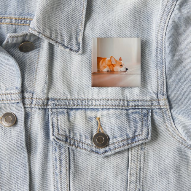 Cutest Baby Animals | Corgi Sleeping 2 Inch Square Button (In Situ)