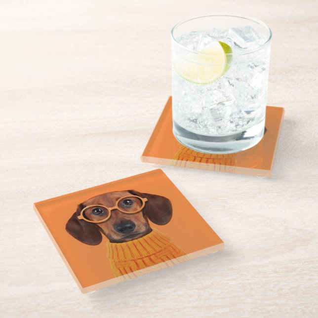 Cutest Baby Animals | Dachshund Orange Sweater Glass Coaster (Angled)