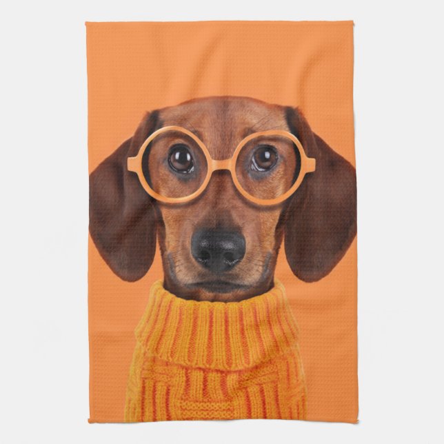 Cutest Baby Animals | Dachshund Orange Sweater Kitchen Towel (Vertical)