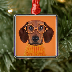 Cutest Baby Animals Dachshund Orange Sweater Metal Ornament