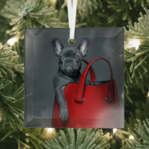 Cutest Baby Animals French Bulldog in Handbag Glass Ornament