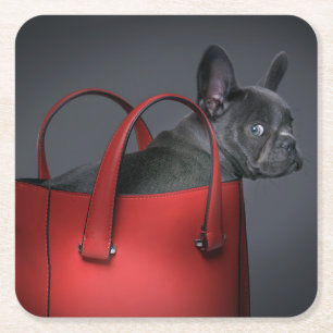 Cutest Baby Animals   French Bulldog Red Hand Bag Square Paper Coaster