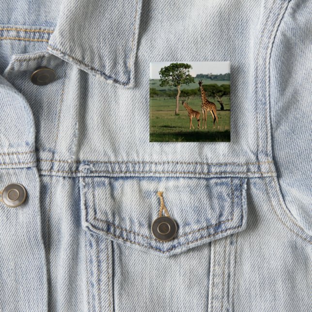 Cutest Baby Animals | Giraffe Calf & Mama 2 Inch Square Button (In Situ)