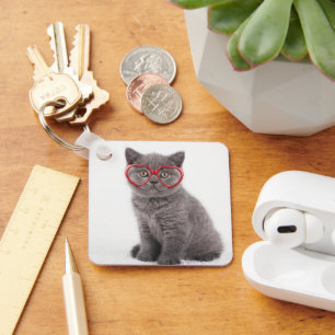 Cutest Baby Animals Kitten Heart Glasses Keychain