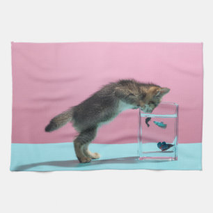 Cutest Baby Animals   Kitten Looking at Fish Bowl Kitchen Towel