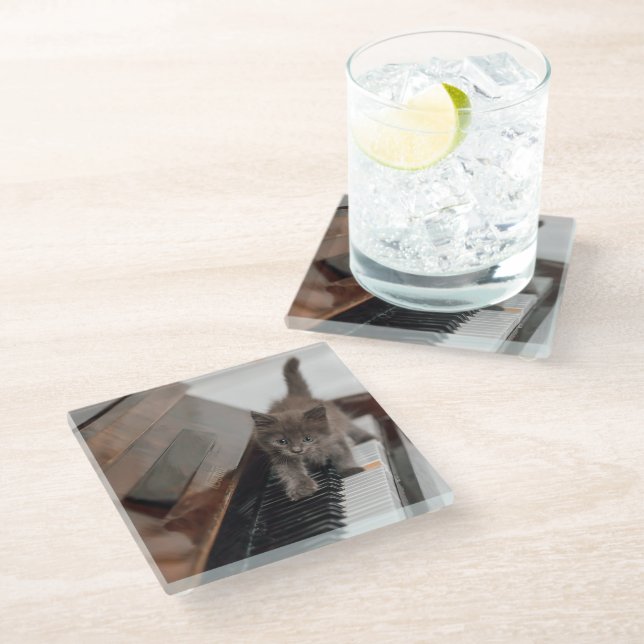 Cutest Baby Animals | Kitten on Piano Glass Coaster (Angled)