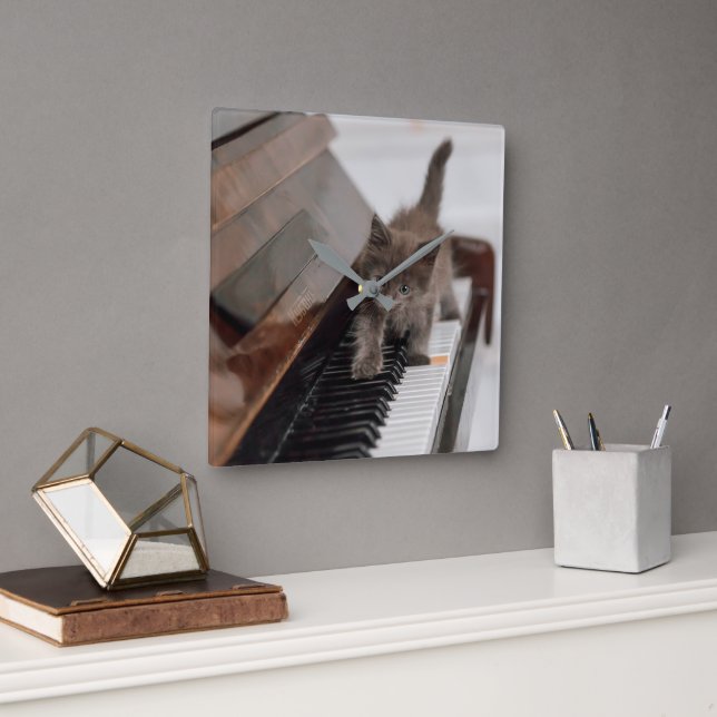 Cutest Baby Animals | Kitten on Piano Square Wall Clock (Office)