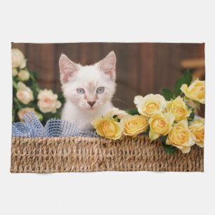 Cutest Baby Animals   Kitten & Yellow Roses Kitchen Towel