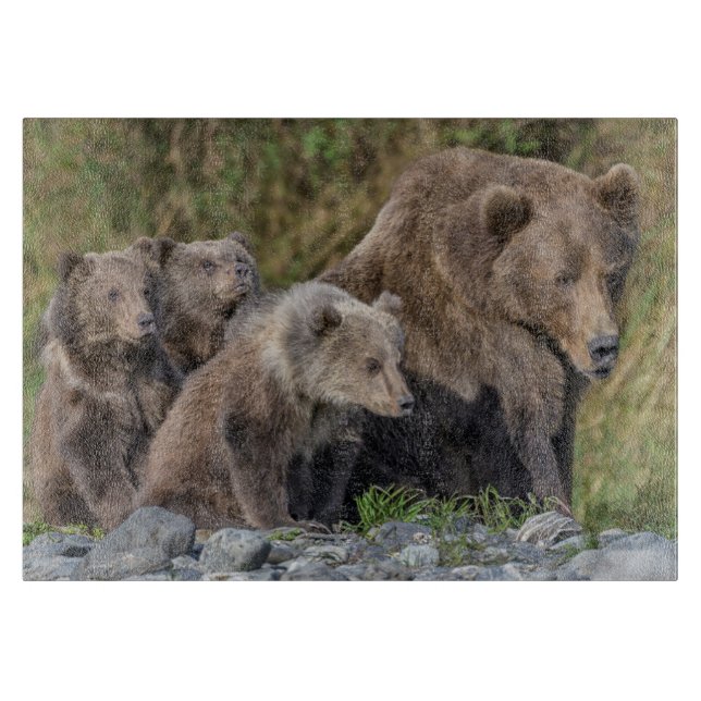 Cutest Baby Animals | Kodiak Mama Bear & Cubs Cutting Board (Front)