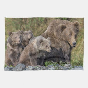 Cutest Baby Animals   Kodiak Mama Bear & Cubs Kitchen Towel