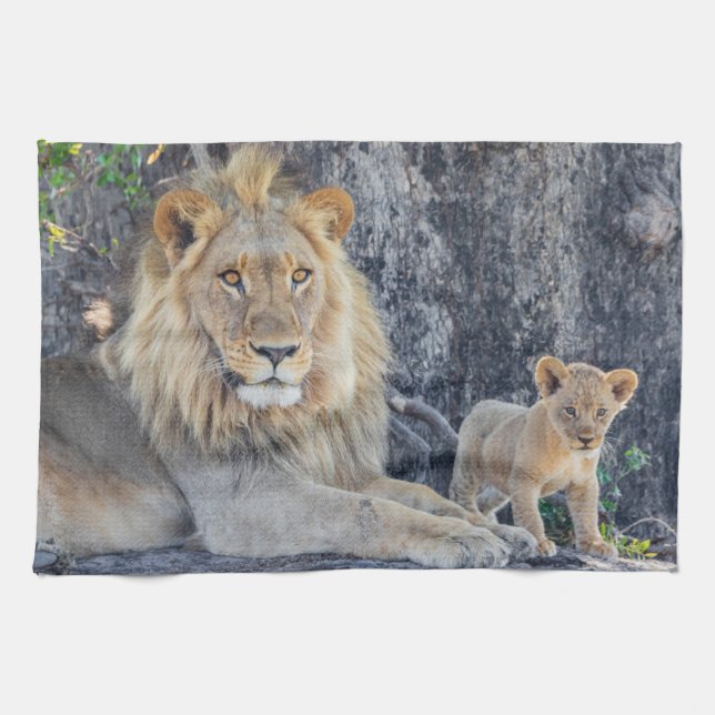 Cutest Baby Animals | Lion Dad & Cub Kitchen Towel (Horizontal)