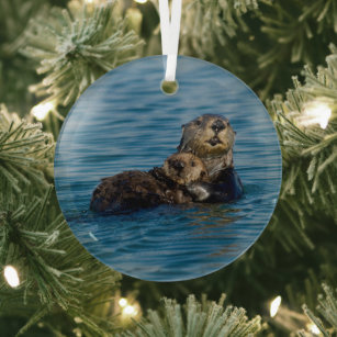 Cutest Baby Animals   Mother & Baby Sea Otter Glass Ornament