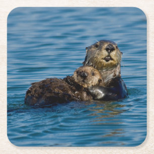 Cutest Baby Animals   Mother & Baby Sea Otter Square Paper Coaster