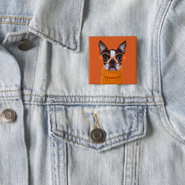 Cutest Baby Animals | Orange Boston Terrier 2 Inch Square Button (In Situ)