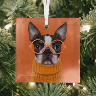 Cutest Baby Animals   Orange Boston Terrier Glass Ornament