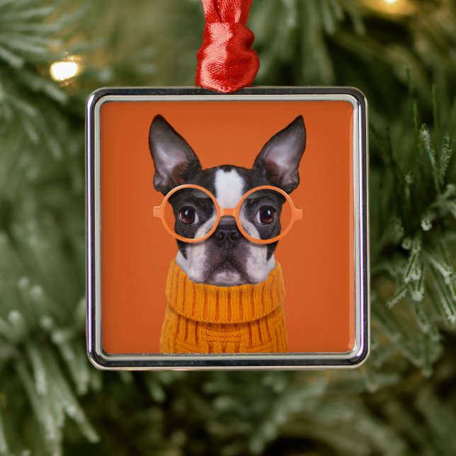 Cutest Baby Animals | Orange Boston Terrier Metal Ornament (Tree)