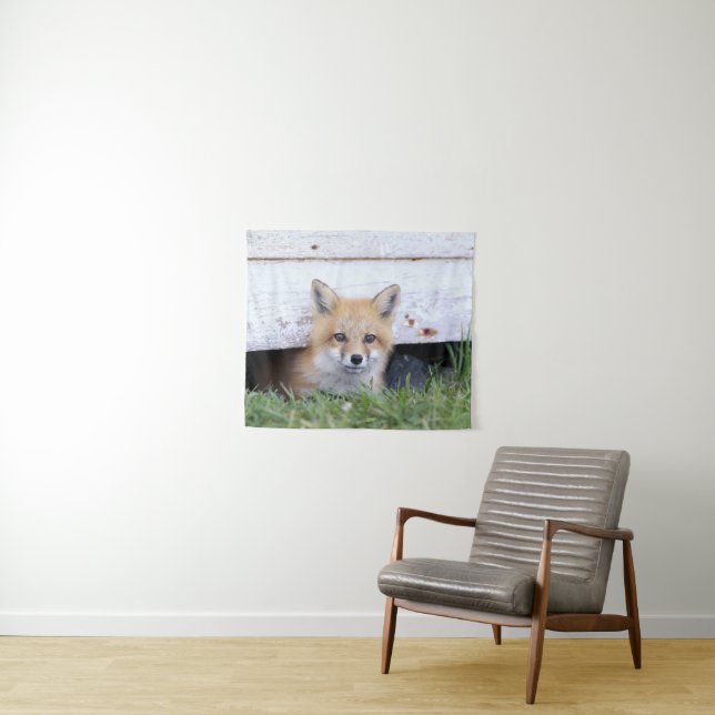 Cutest Baby Animals | Red Fox Kit Peeking Tapestry (In Situ (Horizontal))