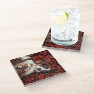 Cutest Baby Animals Spaniel in Autumn Leaves Glass Coaster
