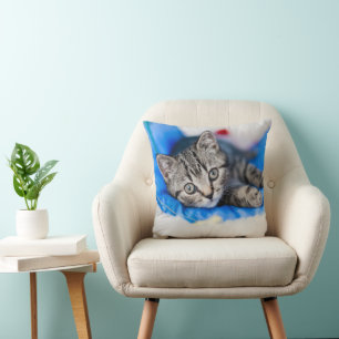 Cutest Baby Animals Tabby Kitten in Play Tunnel Throw Pillow