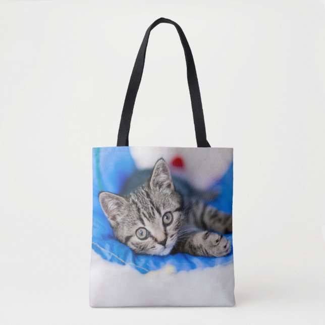 Cutest Baby Animals | Tabby Kitten in Play Tunnel Tote Bag (Front)