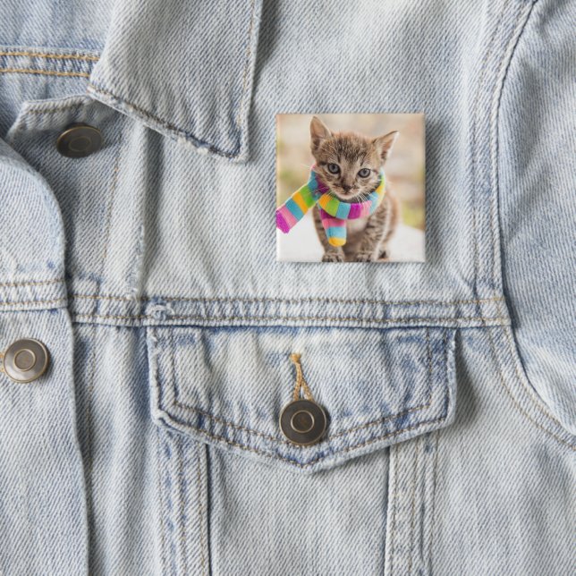 Cutest Baby Animals | Tabby Kitten Rainbow Scarf 2 Inch Square Button (In Situ)