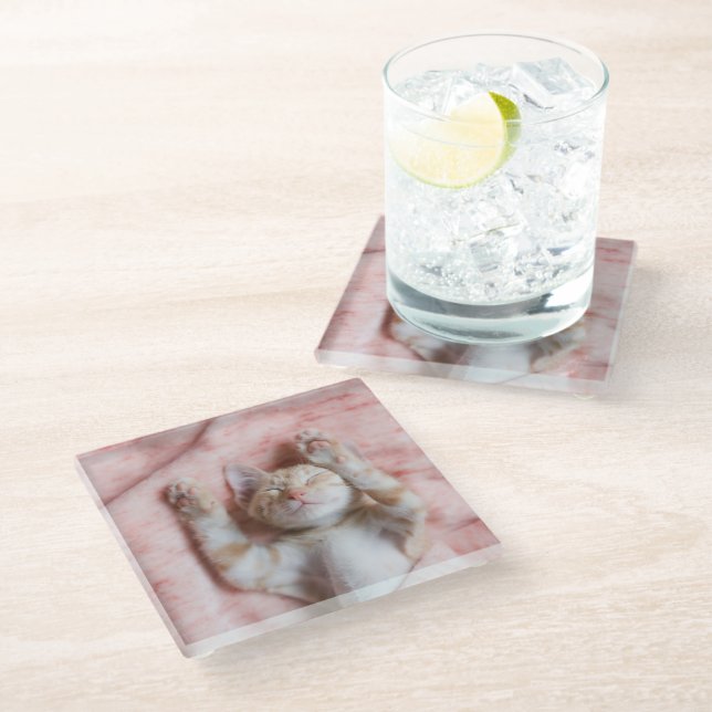 Cutest Baby Animals | Tiny Orange Striped Kitten Glass Coaster (Angled)
