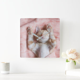 Cutest Baby Animals Tiny Orange Striped Kitten Square Wall Clock