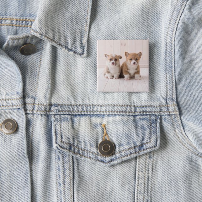 Cutest Baby Animals | Two Baby Corgis Sitting 2 Inch Square Button (In Situ)