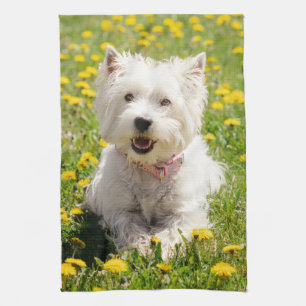 Cutest Baby Animals Westie Dog in Dandelions Kitchen Towel