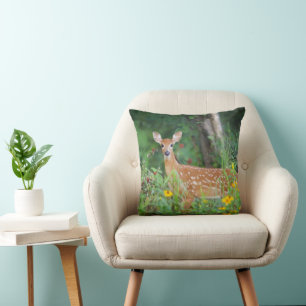Cutest Baby Animals   White Tailed Deer in Daisies Throw Pillow