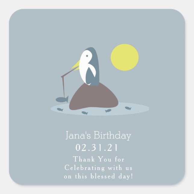 Cutest Birthday Penguin Fishing Thank You Square Sticker (Front)