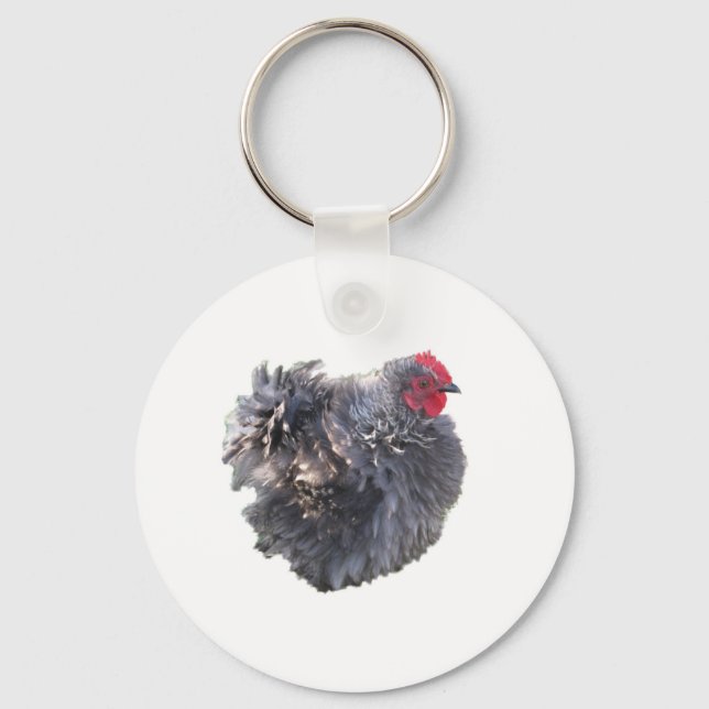 Cutest Blue Frizzle Cochin Bantam Rooster Chicken Keychain (Front)