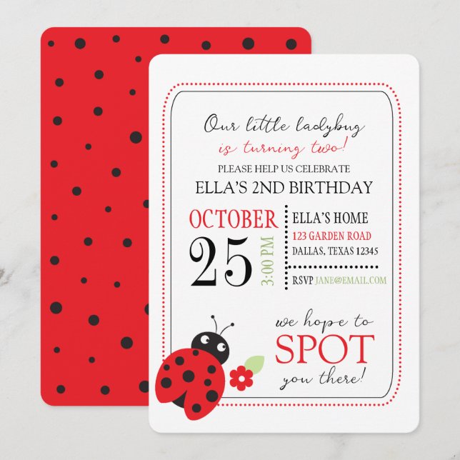 Cutest Little Ladybug Kids Birthday Party Invitation (Front/Back)