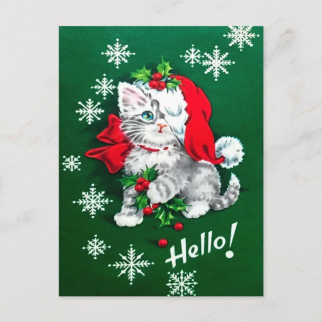 Cutest vintage Christmas Kitten Holiday Postcard (Front)