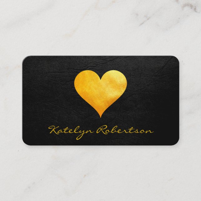 Cutesy Gold Heart Chic Black Texture Business Card (Front)
