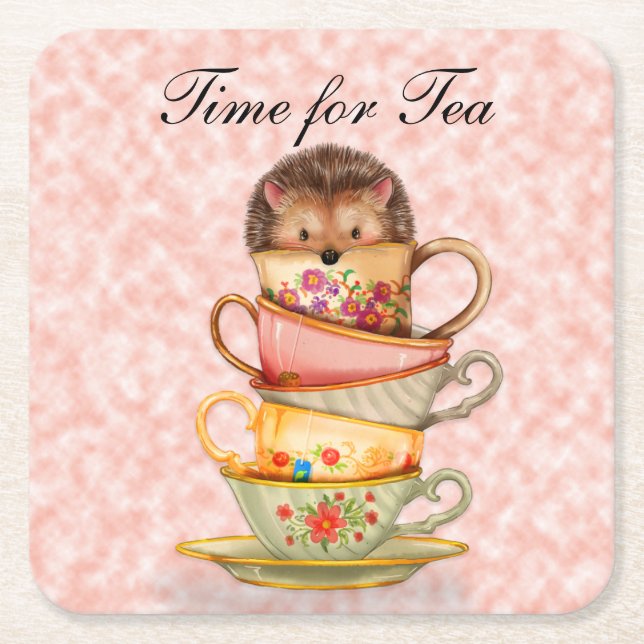 CuteTime for Tea Hedgehog on Colourful Teacups Square Paper Coaster (Front)