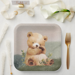 Cutie Baby Bear Watercolor Baby Shower Paper Plate