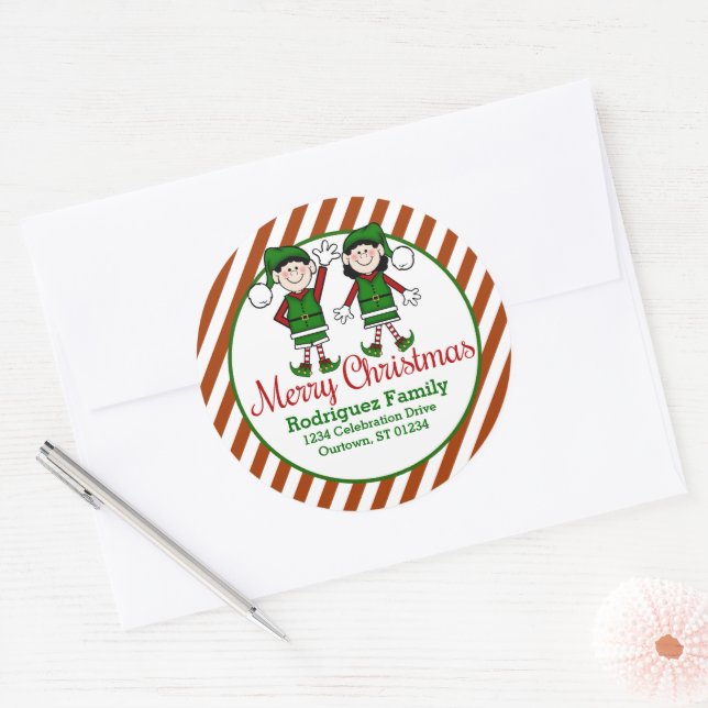 Cutie Christmas Elves Address Classic Round Sticker (Envelope)