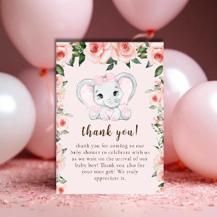 Cutie Elephant Blush Pink Floral Girl Baby Shower Thank You Card