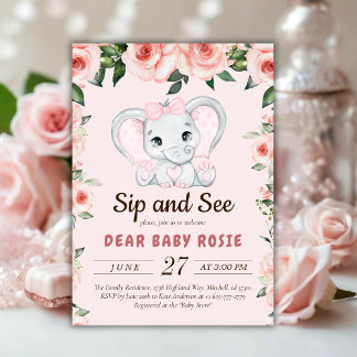 Cutie Elephant Blush Pink Floral Sip and See Invitation