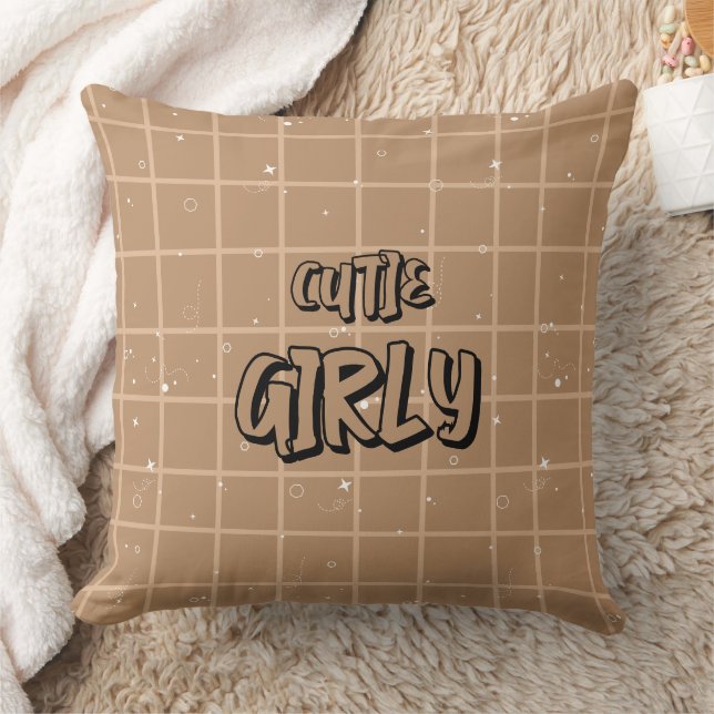 Cutie Girly Brown Gingham Throw Pillow (Blanket)