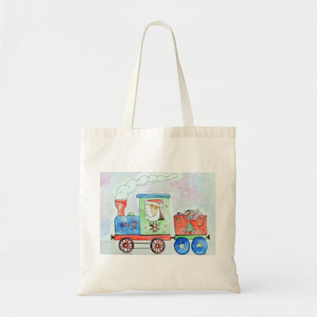 Cutie in her Christmas Train Watercolour Painting Tote Bag (Front)
