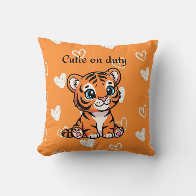 Cutie on Duty Throw Pillow | Adorable Baby Tiger  (Front)