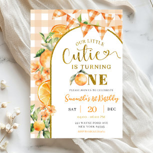 Cutie Orange Gingham 1st birthday Invitation