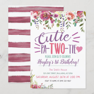 Cutie Pa-Two-Tie 2nd Birthday Girls Floral invite