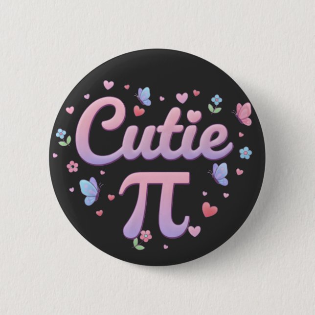 Cutie Pi Symbol Math Pun Pink Butterfly Hearts 2 Inch Round Button (Front)