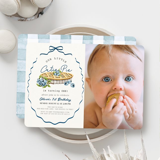 Cutie Pie Blueberry Blue Bow Photo 1st Birthday Invitation (Creator Uploaded)